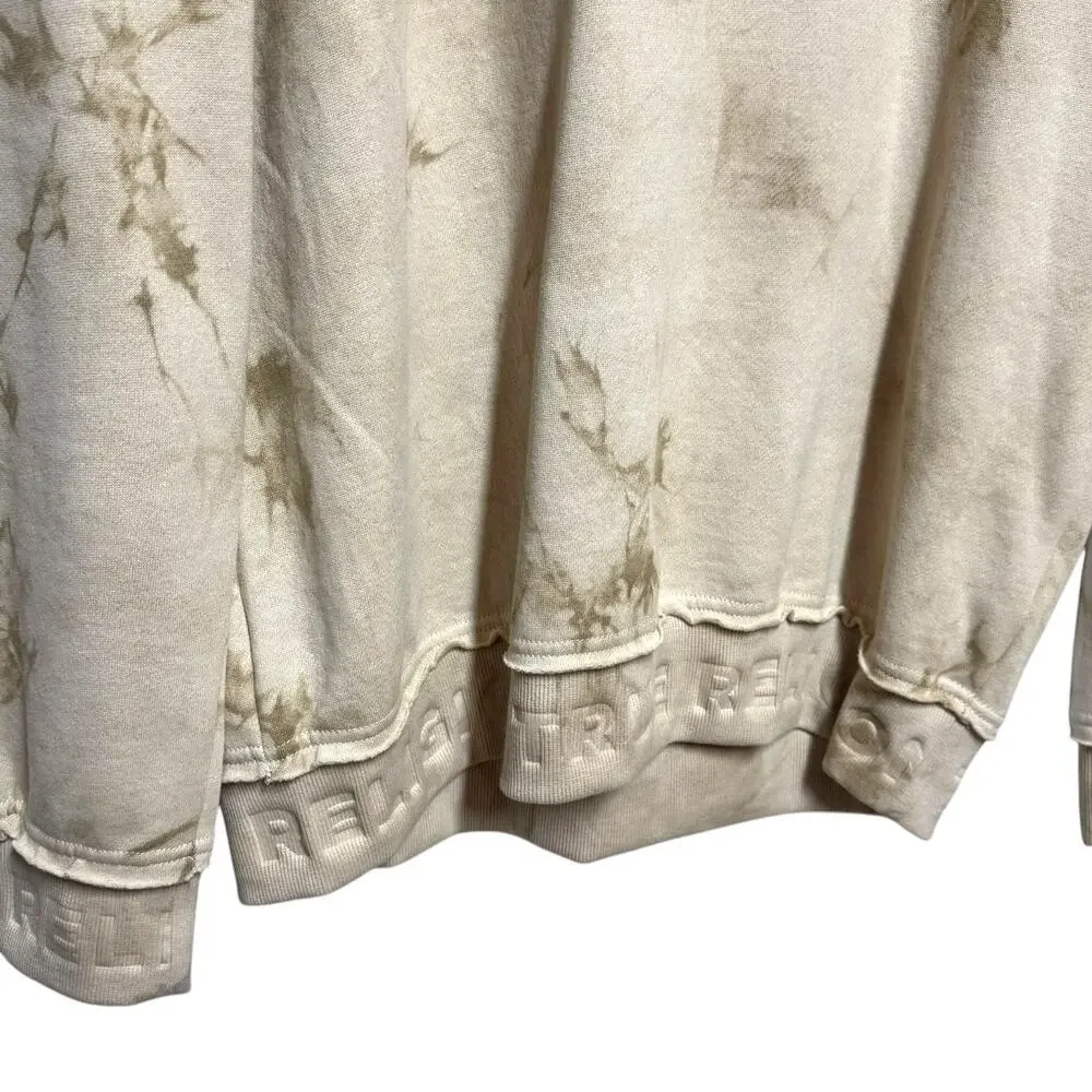True Religion Debossed Rib Pullover Tie Dye Crew Neck Sweatshirt Tan Beige Large